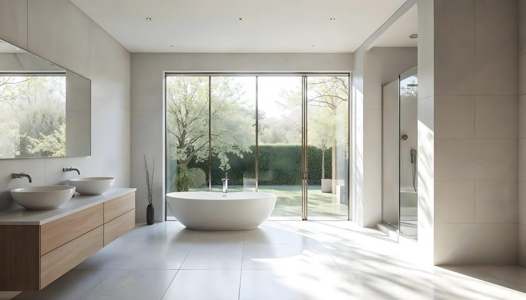 Hochwertige Badsanierung in Kempten – modernes Design mit freistehender Badewanne und eleganter Raumgestaltung.