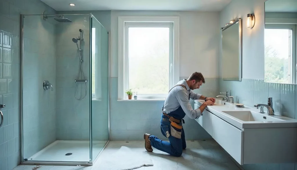 Professionelle Badrenovierung in München – Handwerker montiert ein neues Waschbecken in einem frisch sanierten Bad.