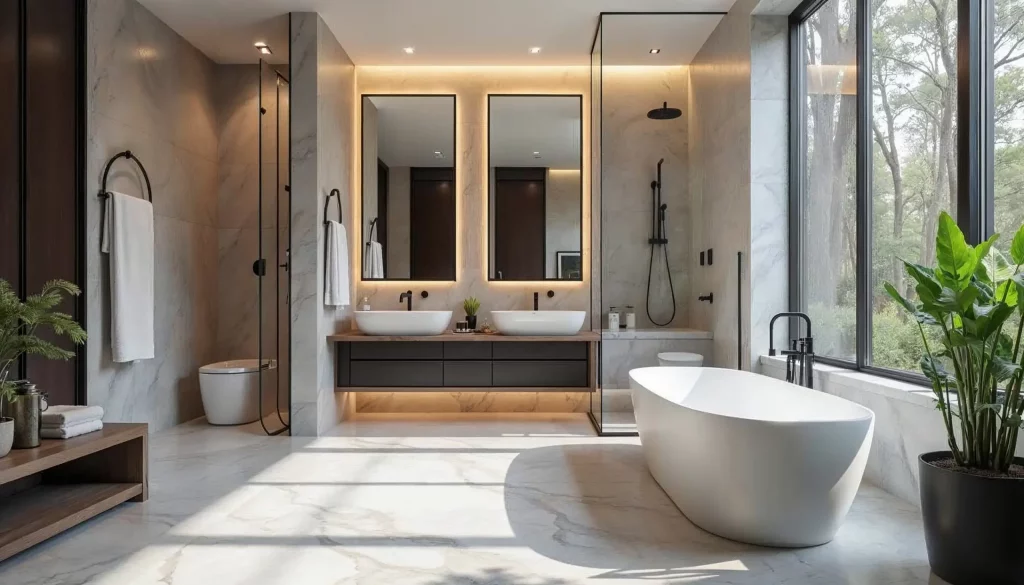 Hochwertige Badsanierung in Augsburg – modernes Designer-Badezimmer mit eleganter Raumgestaltung und luxuriöser Ausstattung.